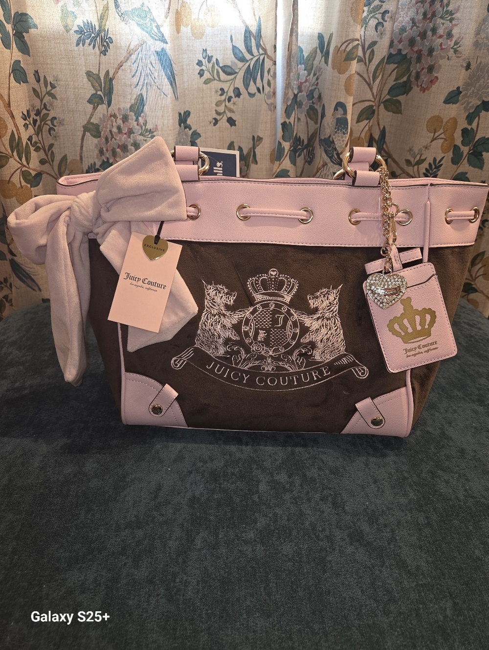 Juicy Couture Brown and Pink Crest Tote with Bow and Charm